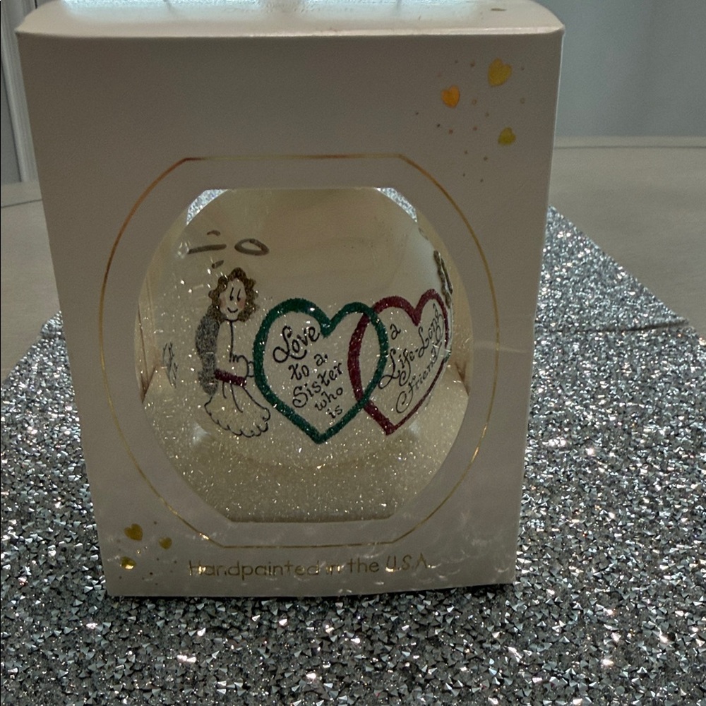 New in box Handpainted Sister Christmas Ornament with Hearts